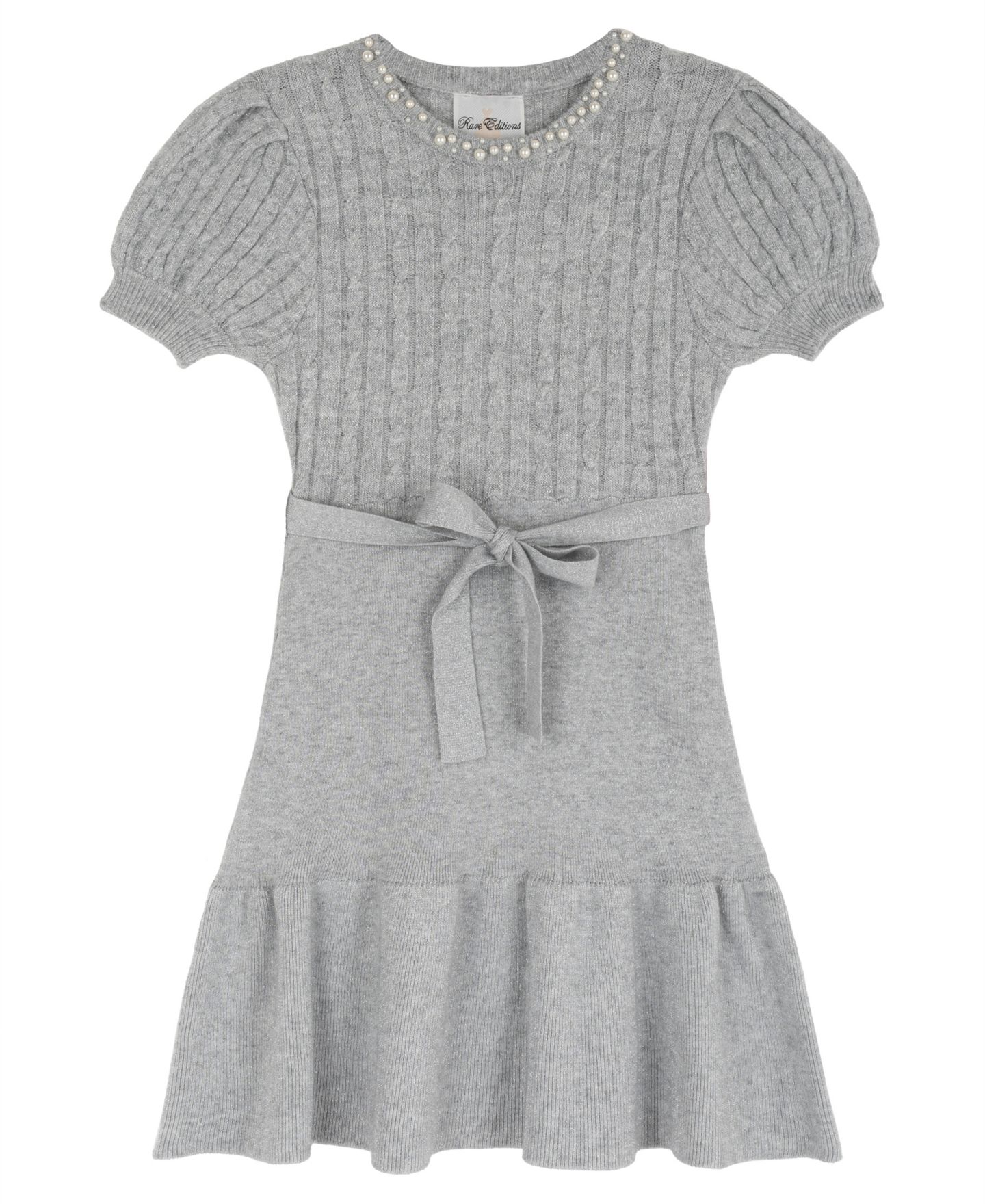 Платье Rare Editions Imitation Pearl-Embellished Puff-Sleeve Fit & Flare Sweater Dress для девочек, цвет: Серый — фото 4