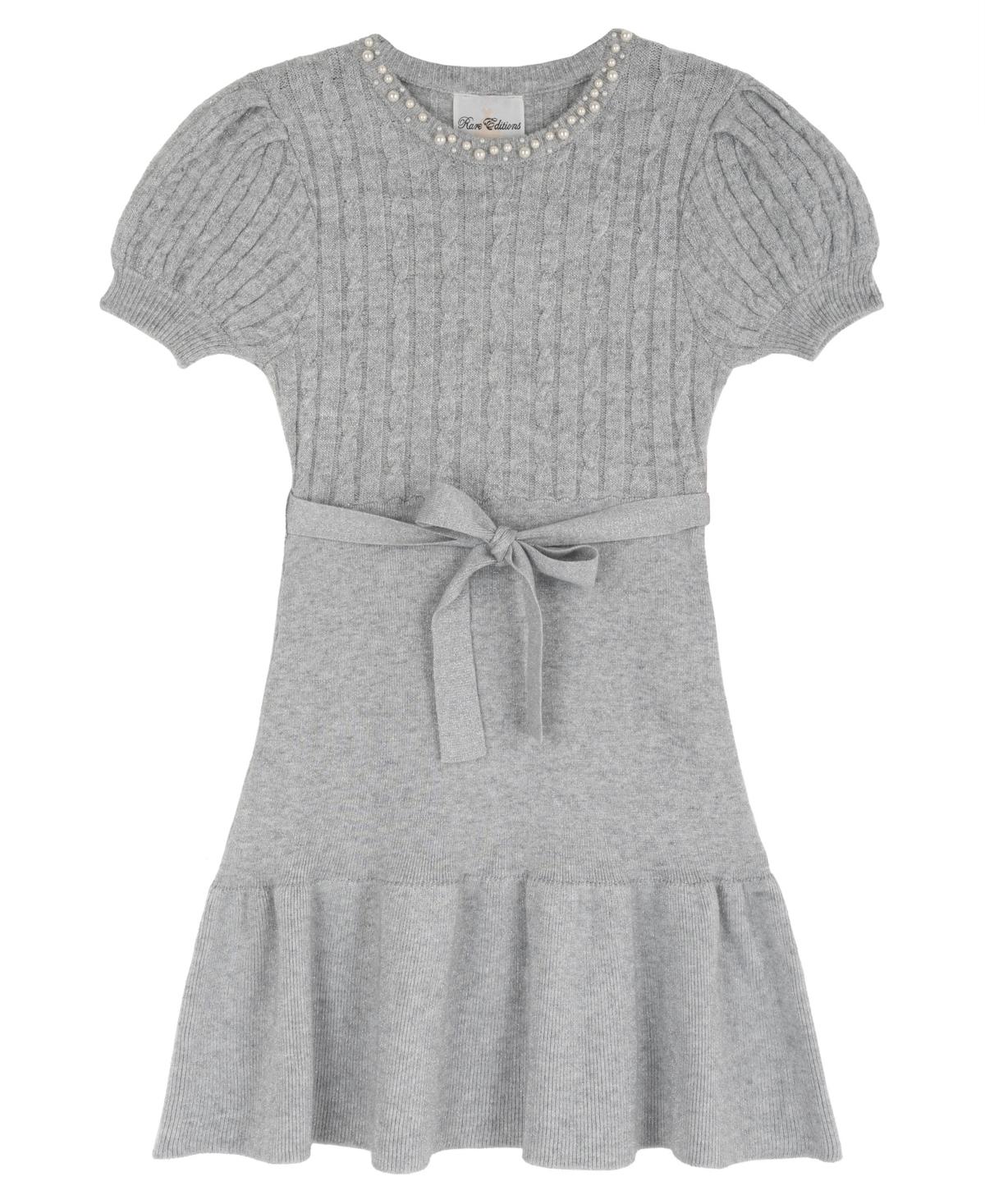 Rare Editions Girls' 4-16 Pearl-Embellished Puff-Sleeve Fit & Flare Sweater Dress - Gray