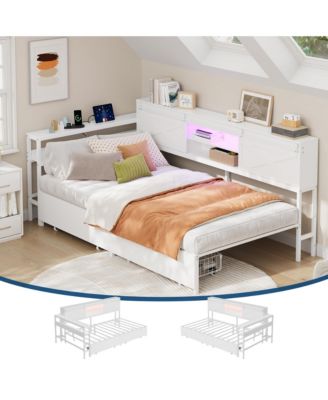 Twin Corner Bed Frame with Storage, Charging Station LED Light, Metal Platform Bed with 2 Drawers, Adjustable Desk and Bookcase Headboard