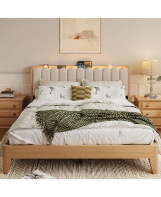 King Size Bed Frame with Storage & Upholstered Headboard LED Lights Platform Bed Frame, wood legs Wood Slat Support, No Box Spring Needed