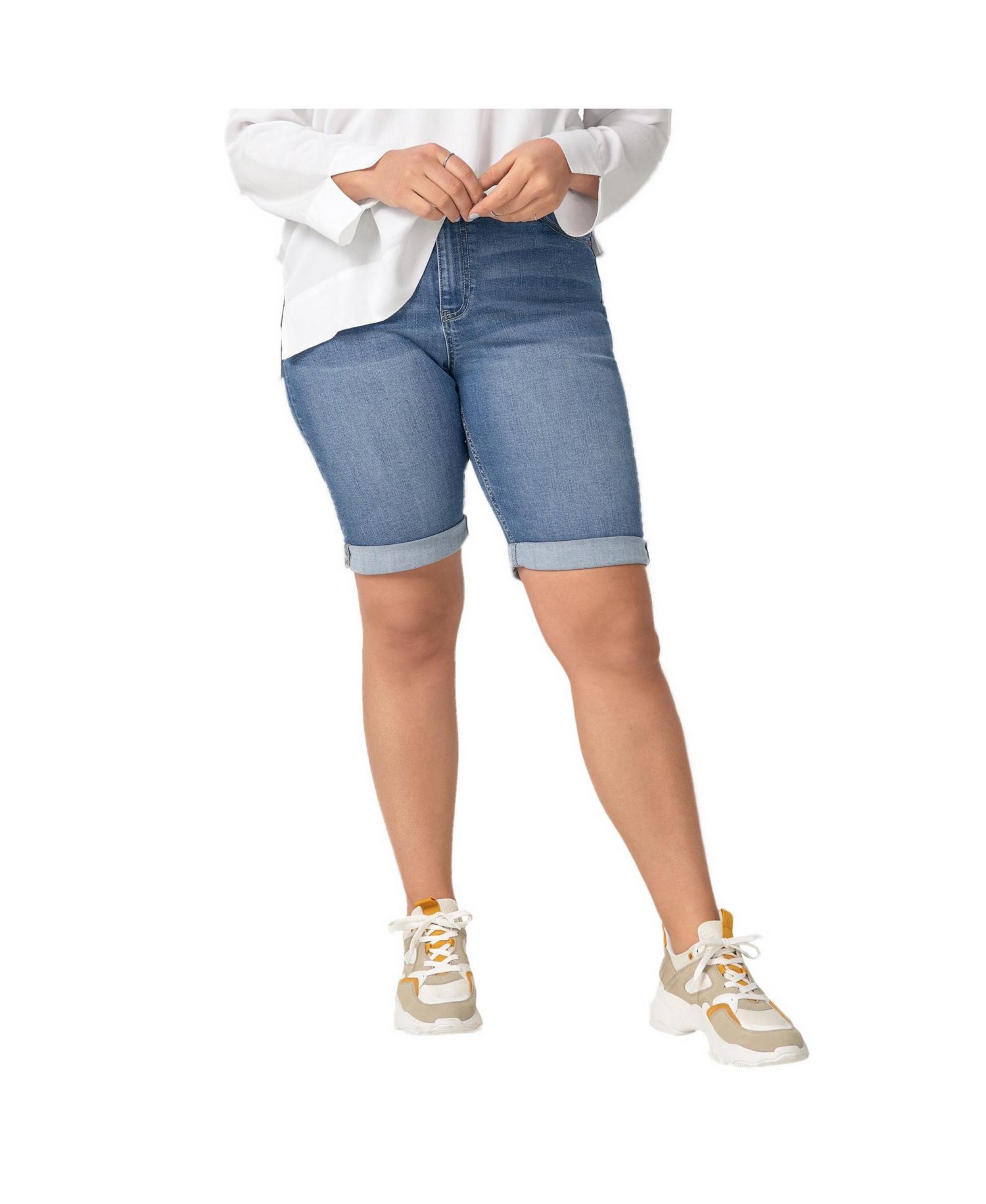 Plus Size Mid-Rise Stretch Denim Bermuda Shorts, 11" Inseam