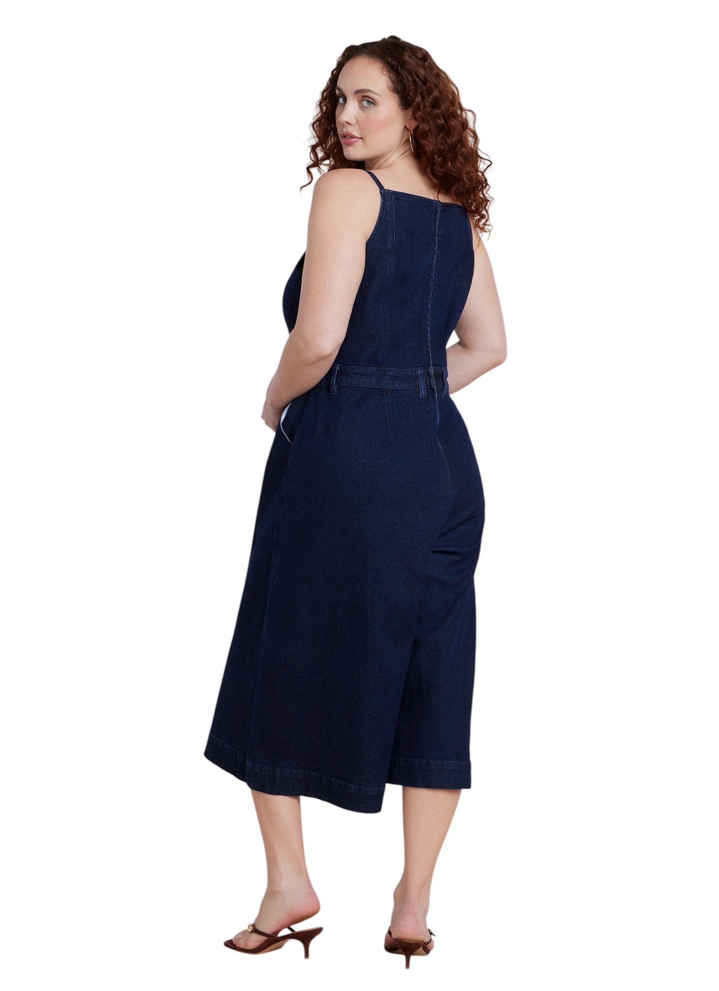 Женский комбинезон ELOQUII Plus Size Square Neck Wide-Leg Denim Jumpsuit, цвет: Тёмная варка — фото 4
