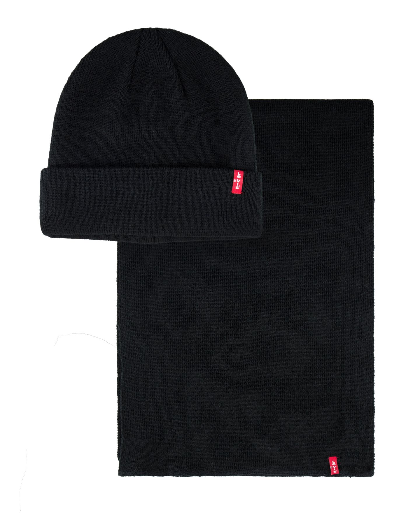 Мужские комплекты Levi's Red Tab Logo Cold Weather Knit Beanie and Scarf, 2-Piece Set, цвет: Чёрный — фото 1