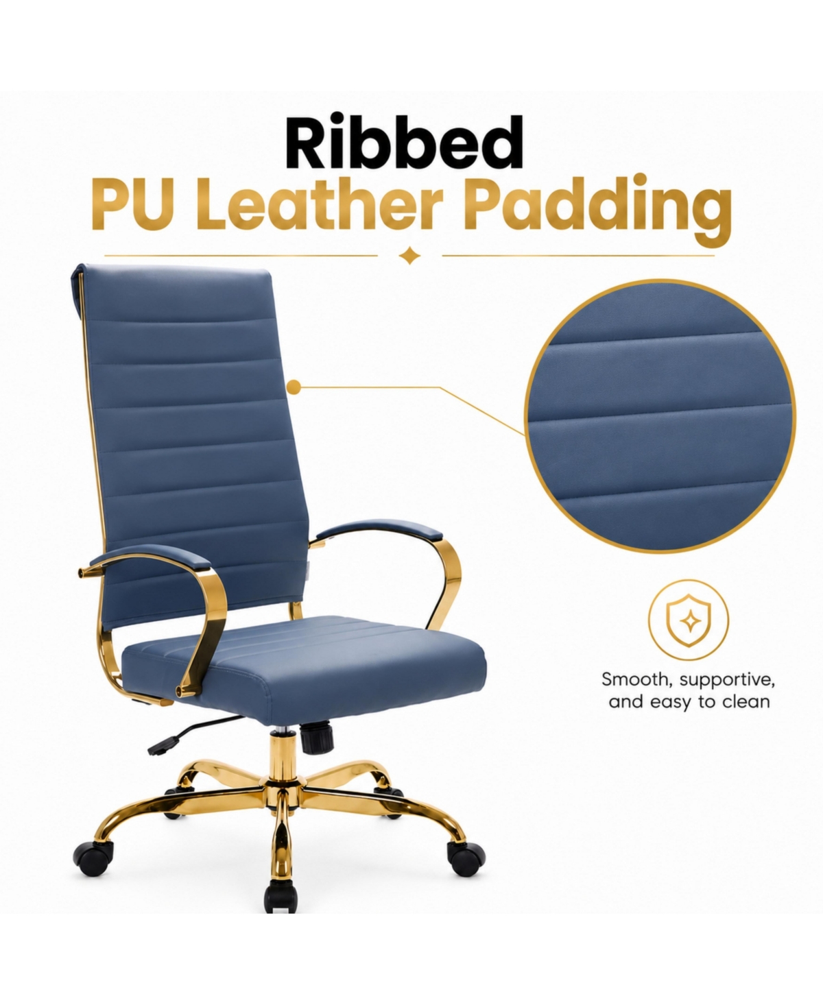 LeisureMod Benmar High-Back Leather Office Chair with Gold Accents, Adjustable Height, Swivel and Tilt Conference Desk Chair