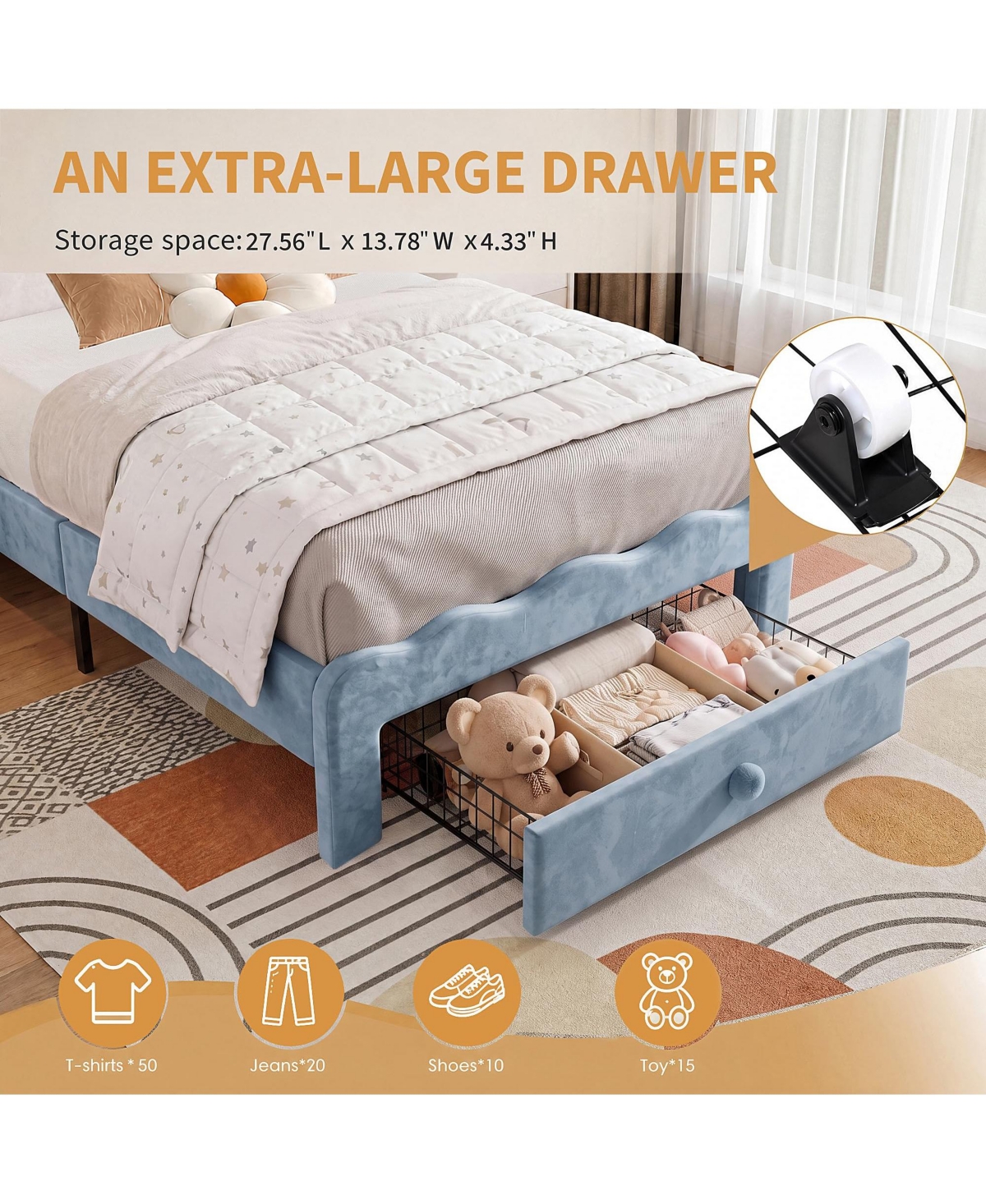 homfan Twin Bed Frame with Led Lights and Storage Drawer, Adjustable Wavy Headboard, Upholstered Platform Bed, Wood Slats Support, No Box Spring