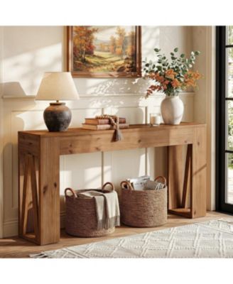 Solid Wood Console Table, 63" Long Farmhouse Entryway Table for Living Room, Narrow Rectangle Sofa Console for Hallway,Entrance
