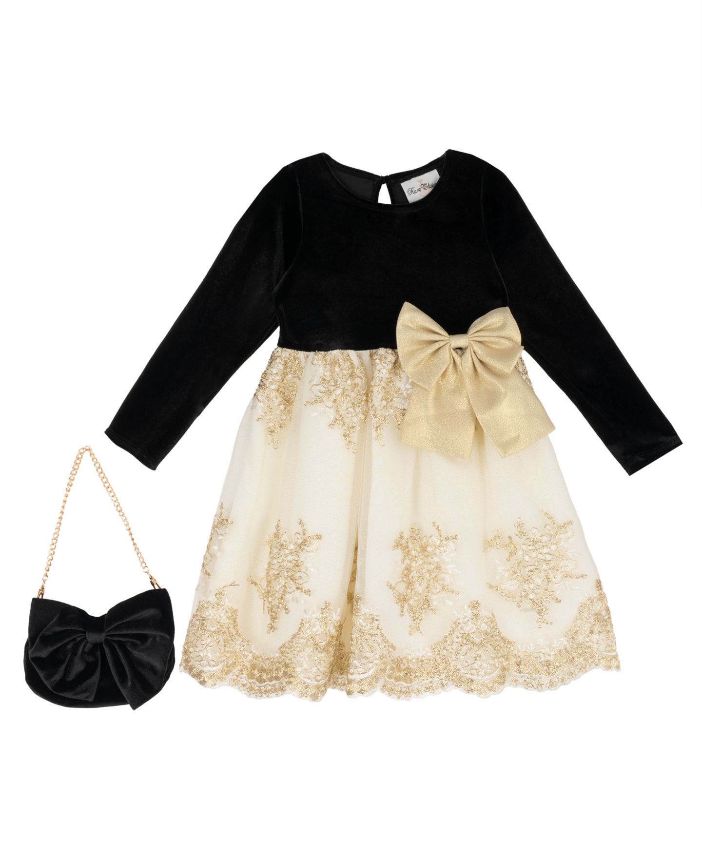 Платье Rare Editions Velvet Long-Sleeve Fit & Flare Dress для девочек, цвет: Чёрный / Молочный — фото 1