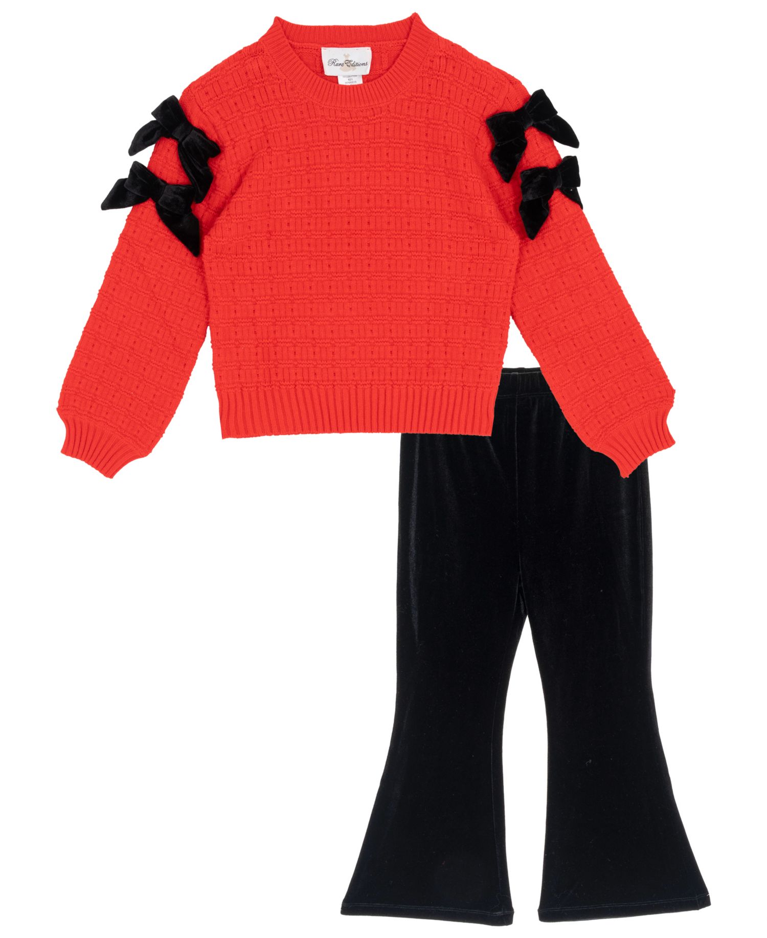 Girls' 4T-6x Long-Sleeve Velvet-Bow Top and Flare Pants, 2-Piece Set