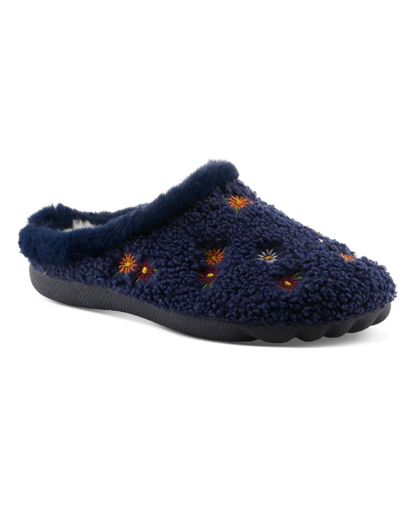 Женские тапочки Flexus Abouquet Plush Slippers with Faux Fur Trim, цвет: Тёмно-синий — фото 1