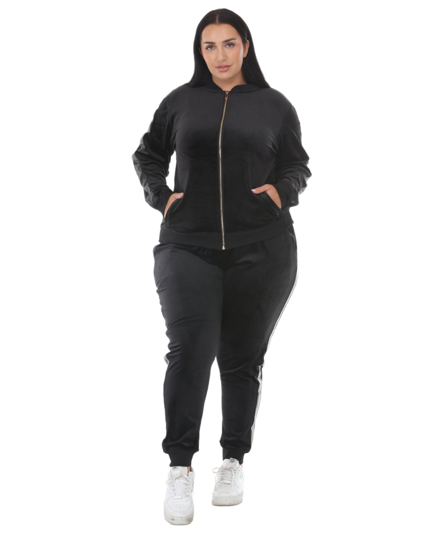 Plus Size Full-Zip Ribbed Velour Side-Stripe Top and Joggers, 2-Piece Set