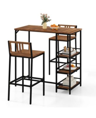 3-Piece Outdoor Wood Bar Set with 3-Tier Storage Shelf and Metal Frame