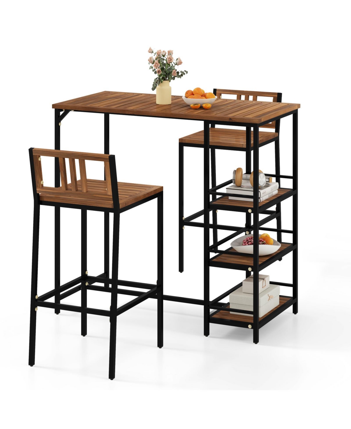 sumyeg 3-Piece Outdoor Wood Bar Set with 3-Tier Storage Shelf and Metal Frame