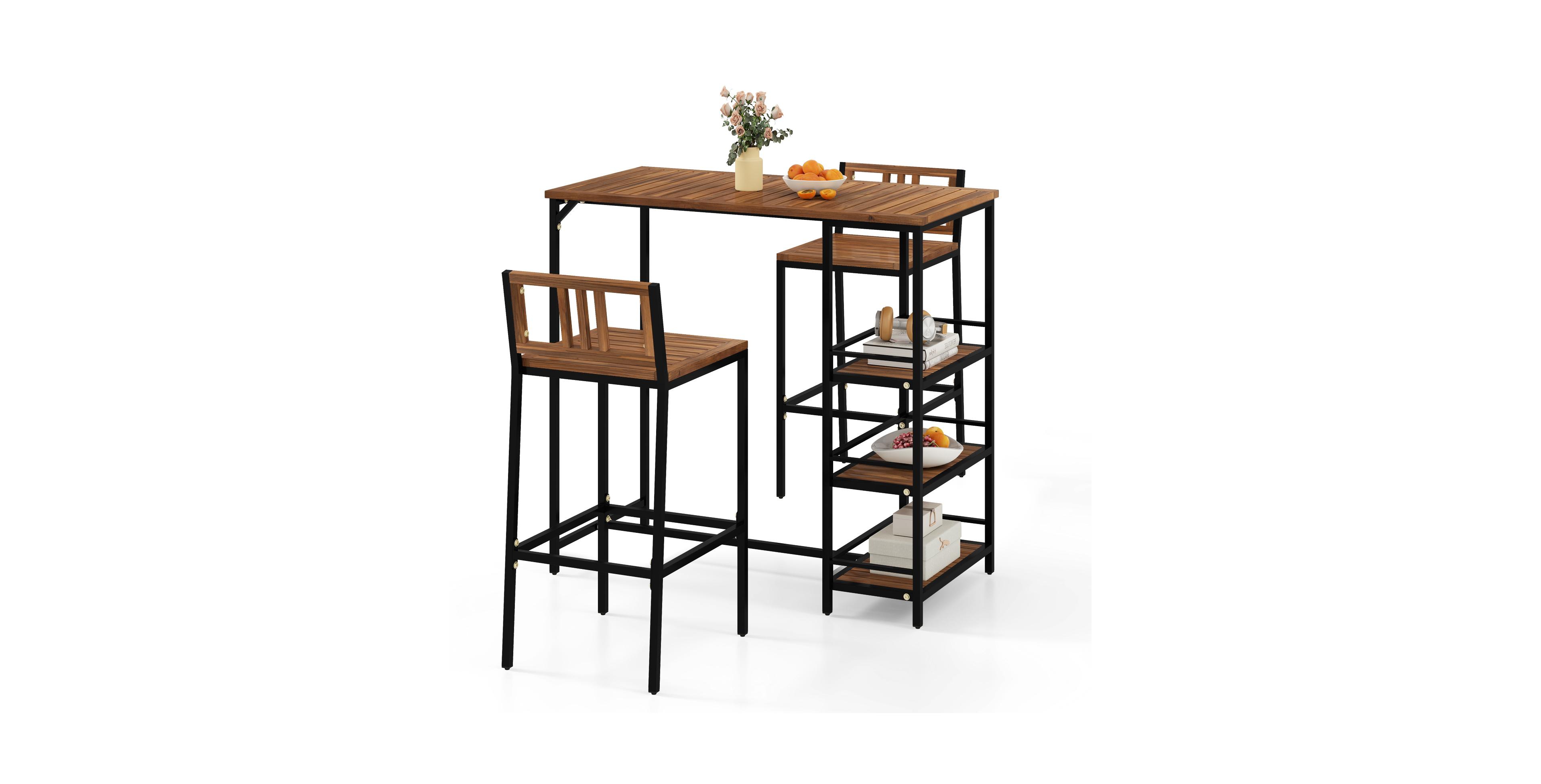 sumyeg 3-Piece Outdoor Wood Bar Set with 3-Tier Storage Shelf and Metal Frame