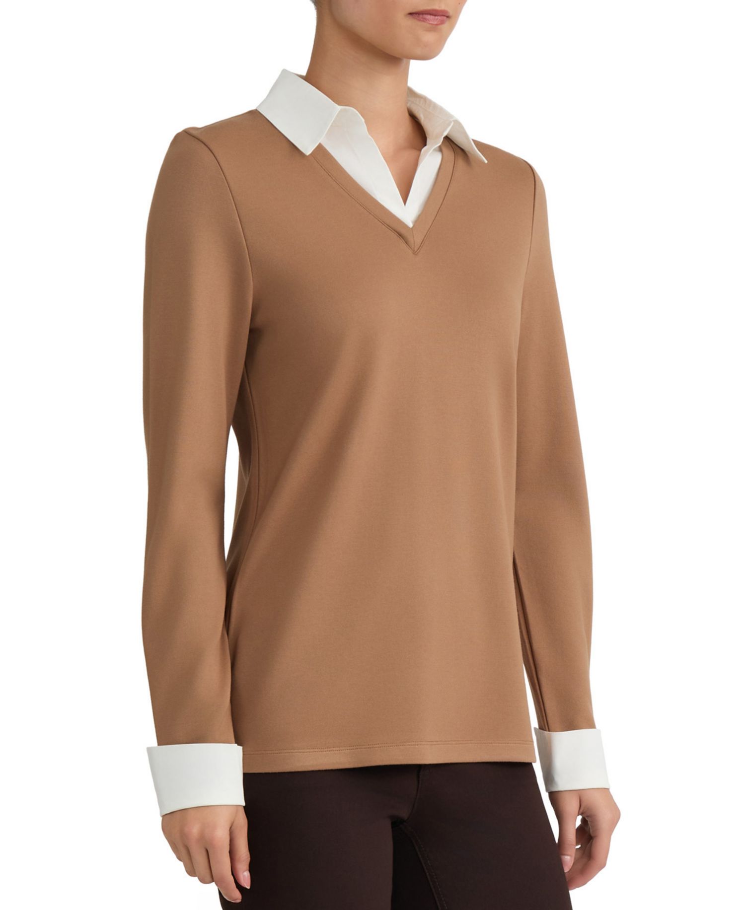Plus Size Twofer Long-Sleeve Collared V-Neck Woven-Cuff Blouse