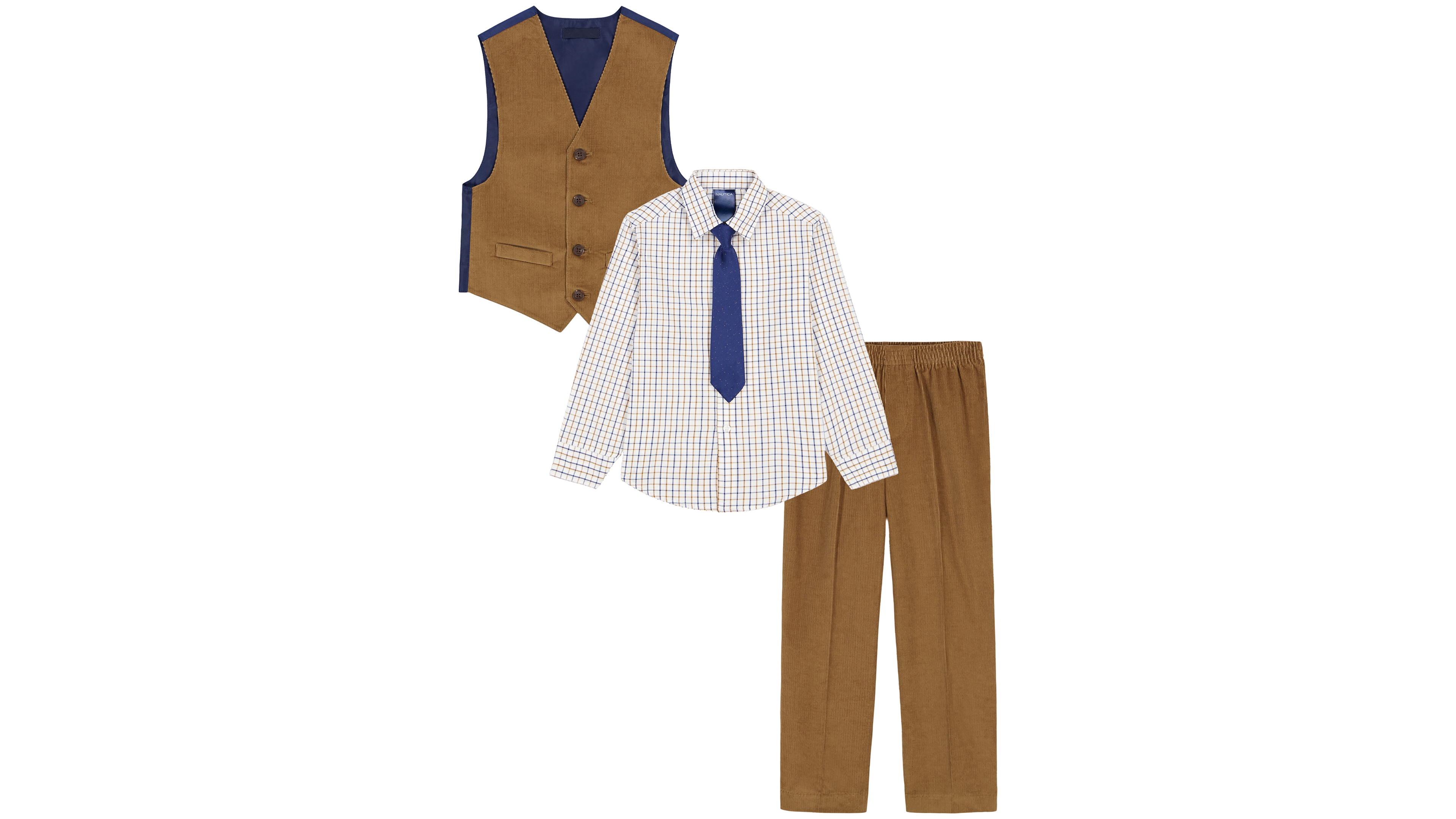 Nautica Boys' 4-20 Corduroy Long-Sleeve V-Neck Vest, Pants, Shirt and Tie, 4-Piece Set