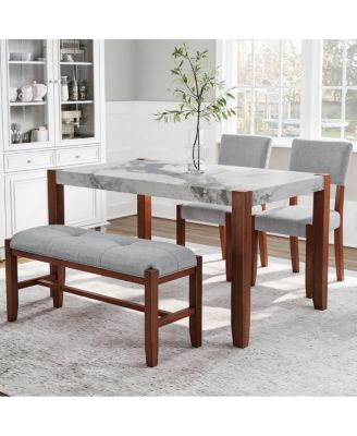4 Piece Marble Look Dining Set with Upholstered Chairs and Bench
