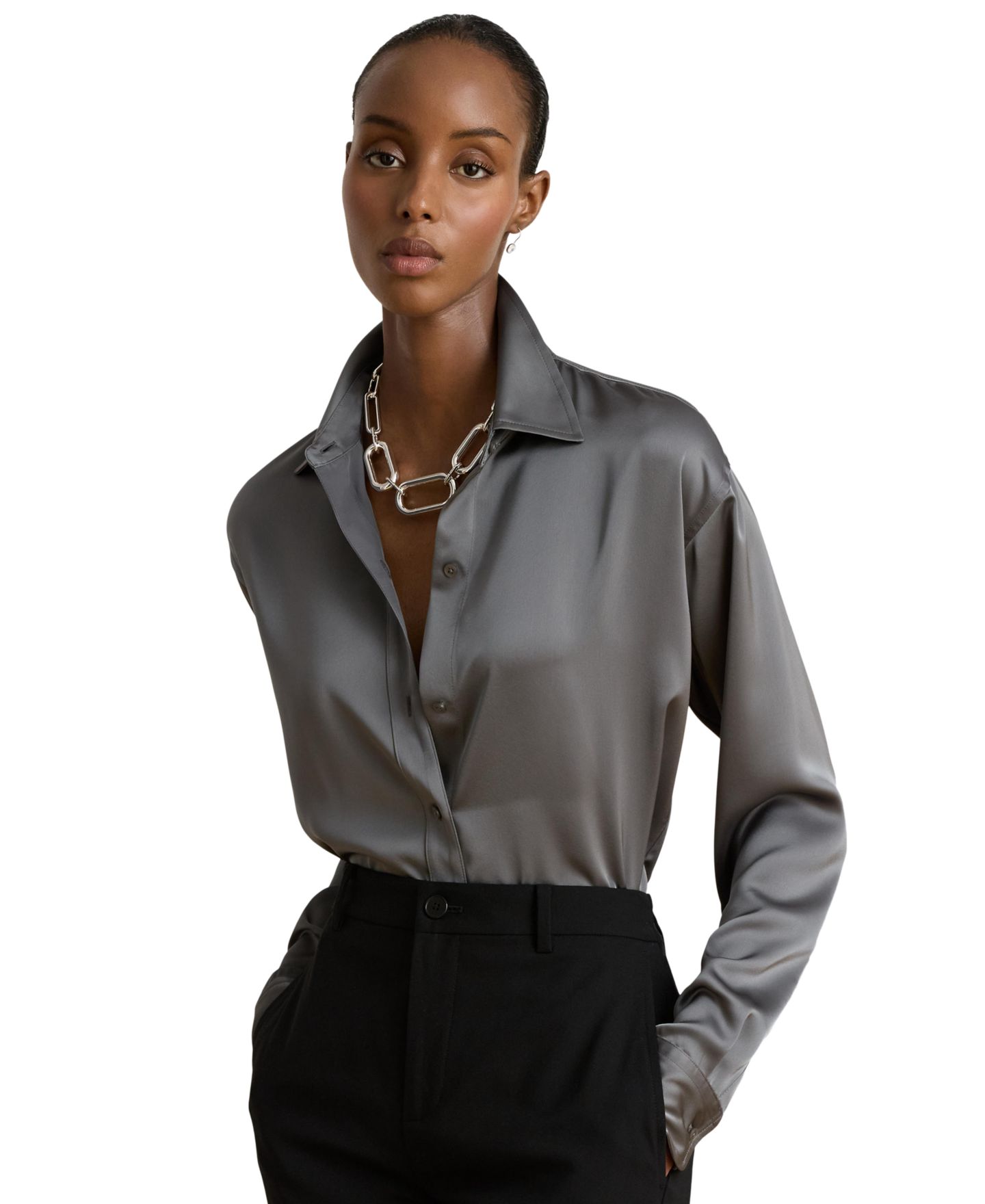 Женская блузка Lauren Ralph Lauren Petite Long-Sleeve Satin, цвет: Сланцевый — фото 1