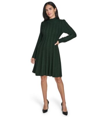 Women's Long-Sleeve Cable Fit & Flare Mock Neck Knee Length Dress