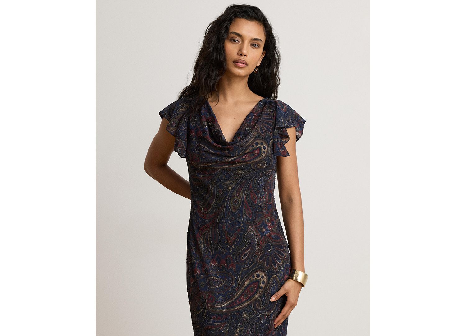 Women's Paisley Clipped Jacquard Cowlneck Gown