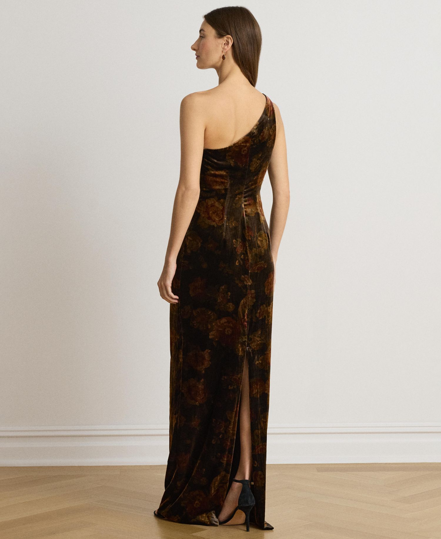Women's One-Shoulder Floral Velvet Gown