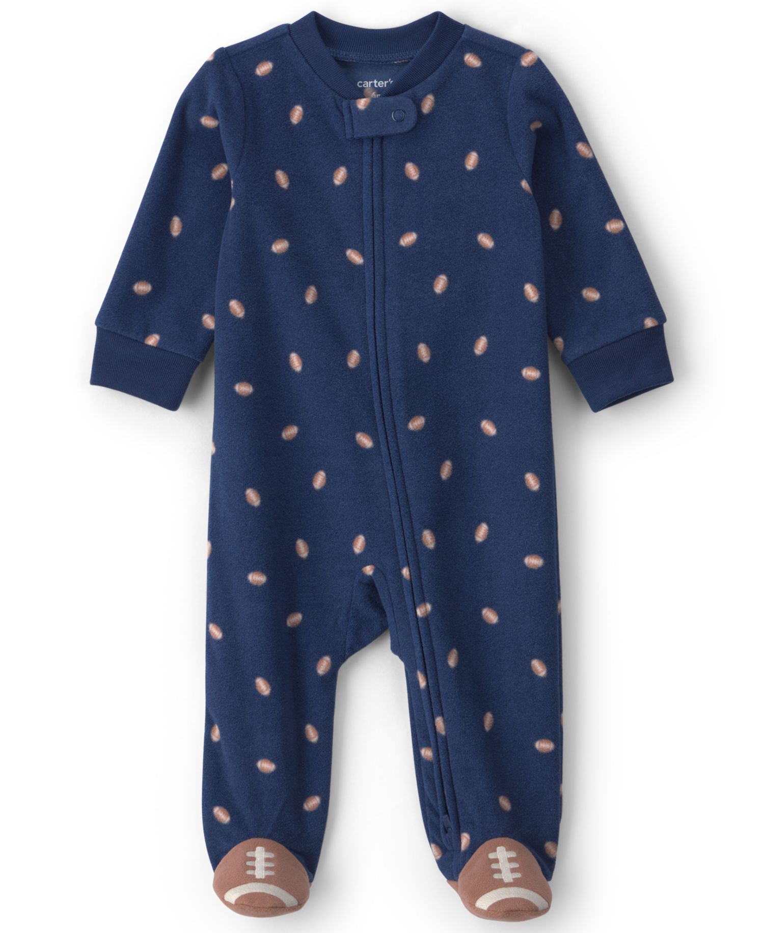 Baby Boys' Football-Print Fleece 2-Way Zip Footed Pajamas