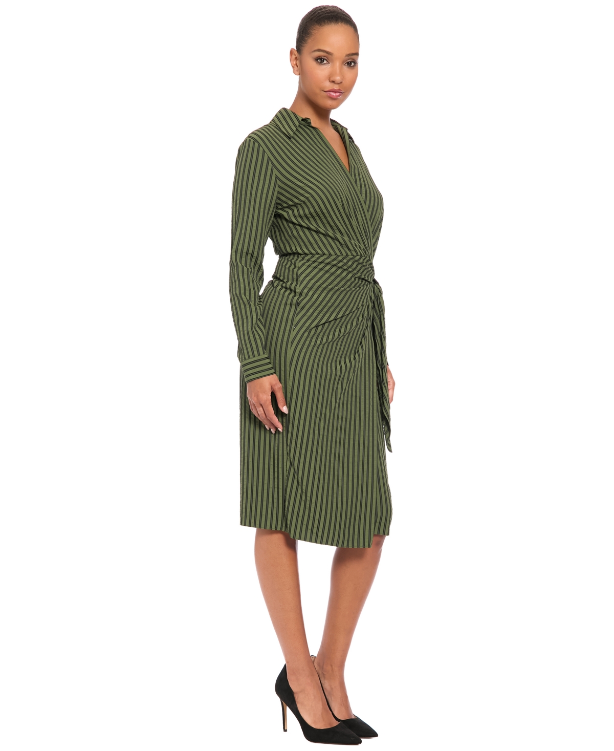 London Times Women's Long-Sleeve Collared Striped Midi Dress