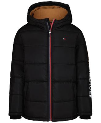 Boys' 4-7 Sleeve Logo Puffer Hooded Water-Resistant Jacket