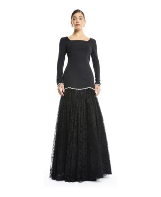Women's Two-Tone Lace Gown - Long Sleeve Square Neck Drop-Waist Evening Dress