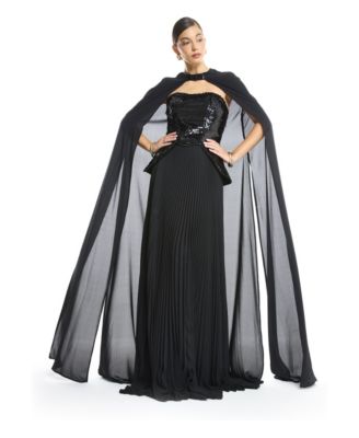 Women's Sequin Bustier Pleated Evening Gown with Detachable Cape
