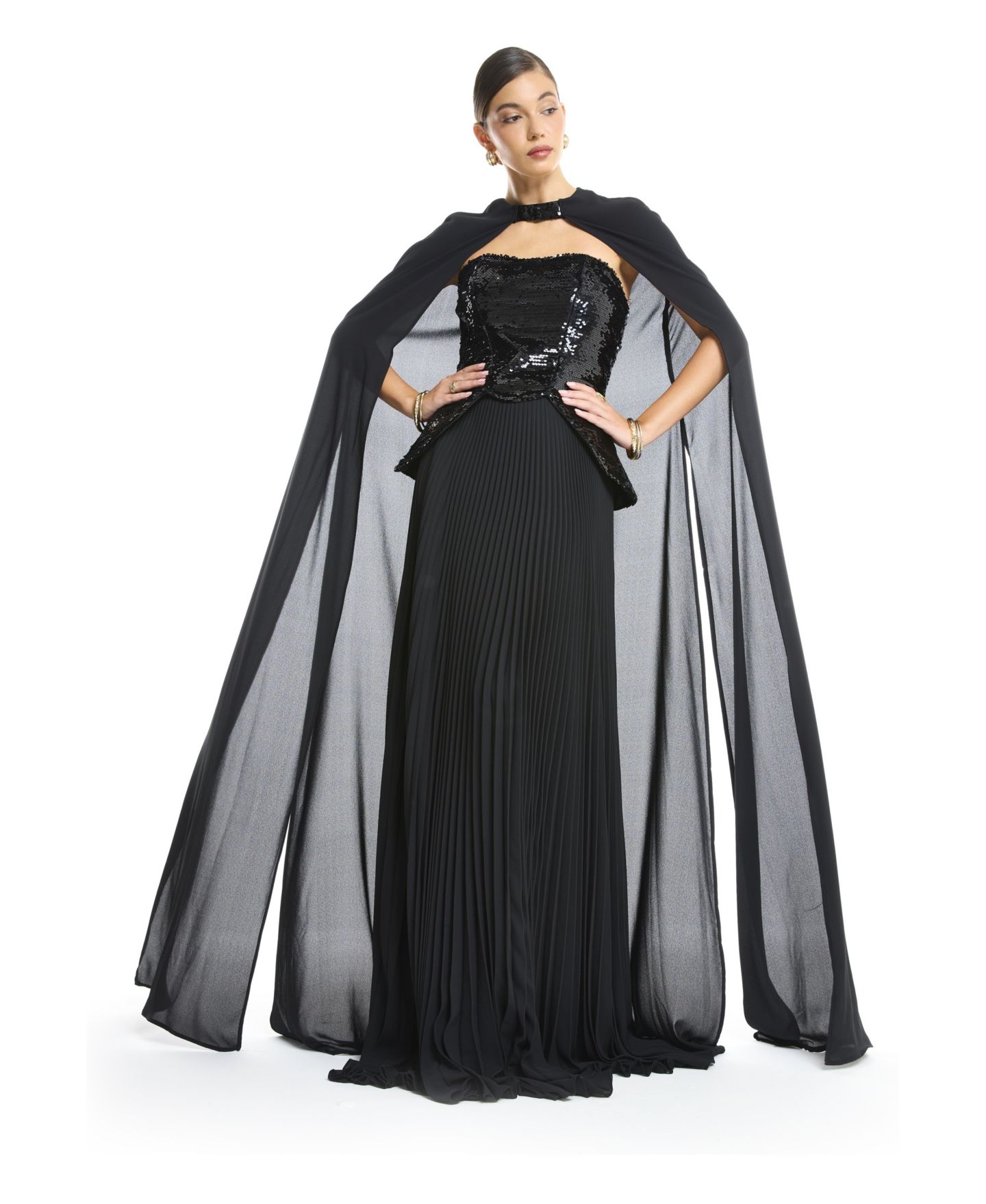 Женские платья AMRI Sequin Bustier Pleated Evening Gown with Detachable Cape, цвет: Чёрный — фото 1