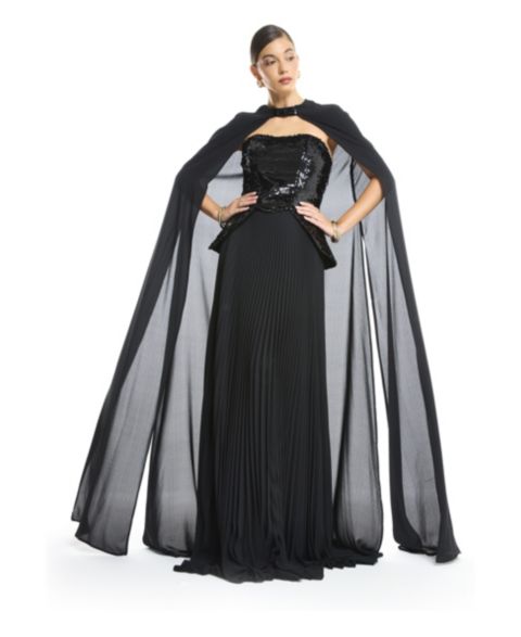 Женские платья AMRI Sequin Bustier Pleated Evening Gown with Detachable Cape, цвет: Чёрный