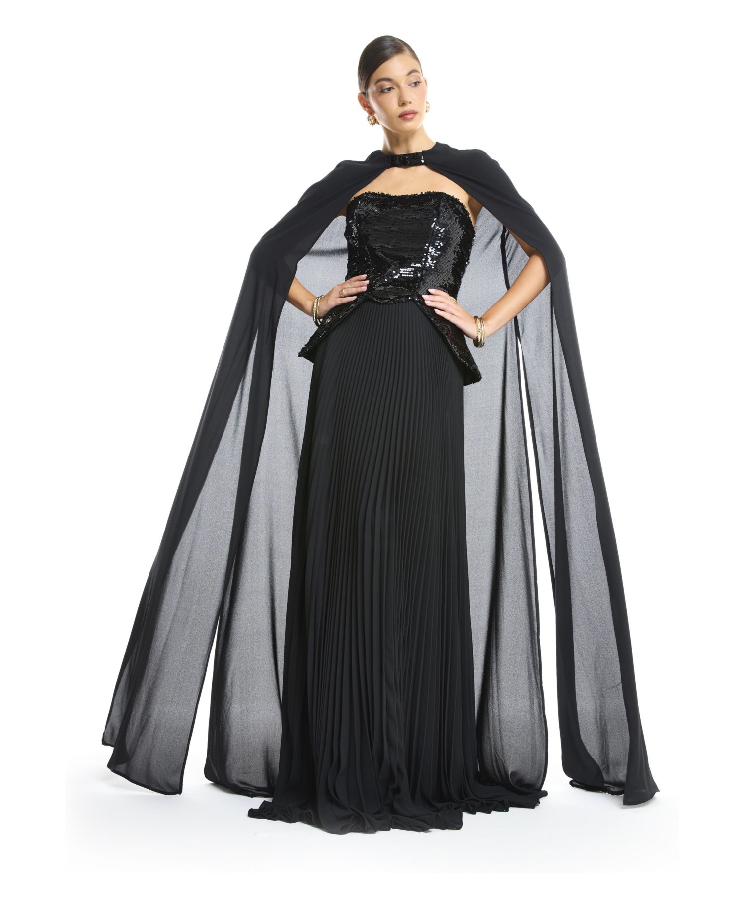 Women's Sequin Bustier Pleated Evening Gown with Detachable Cape