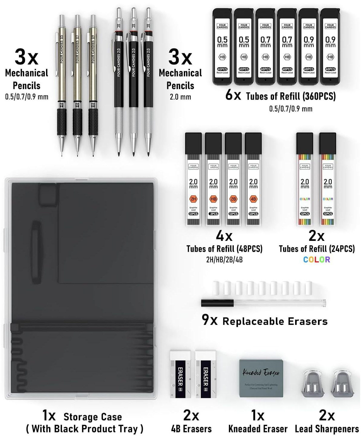 Four Candies 25Pieces Mechanical Pencil Set with Case, 0.5/0.7/0.9mm and 2mm Leads, Technical Drawing Kit for Teens