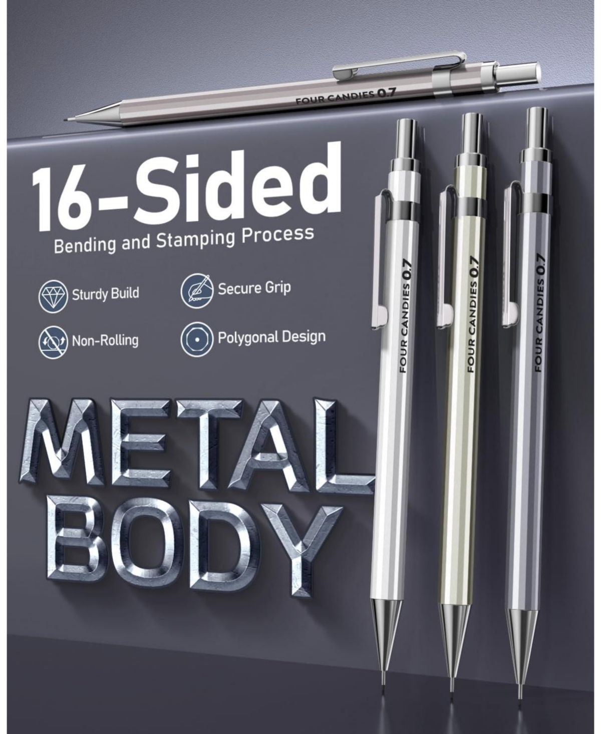 Four Candies 4Pieces Metal Mechanical Pencil Set 0.7mm, 480 Leads 12 Erasers with Case for School Art Drawing