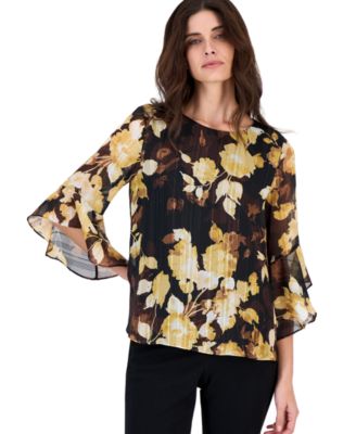 Women's Floral 3/4-Sleeve Ruffled Chiffon Blouse