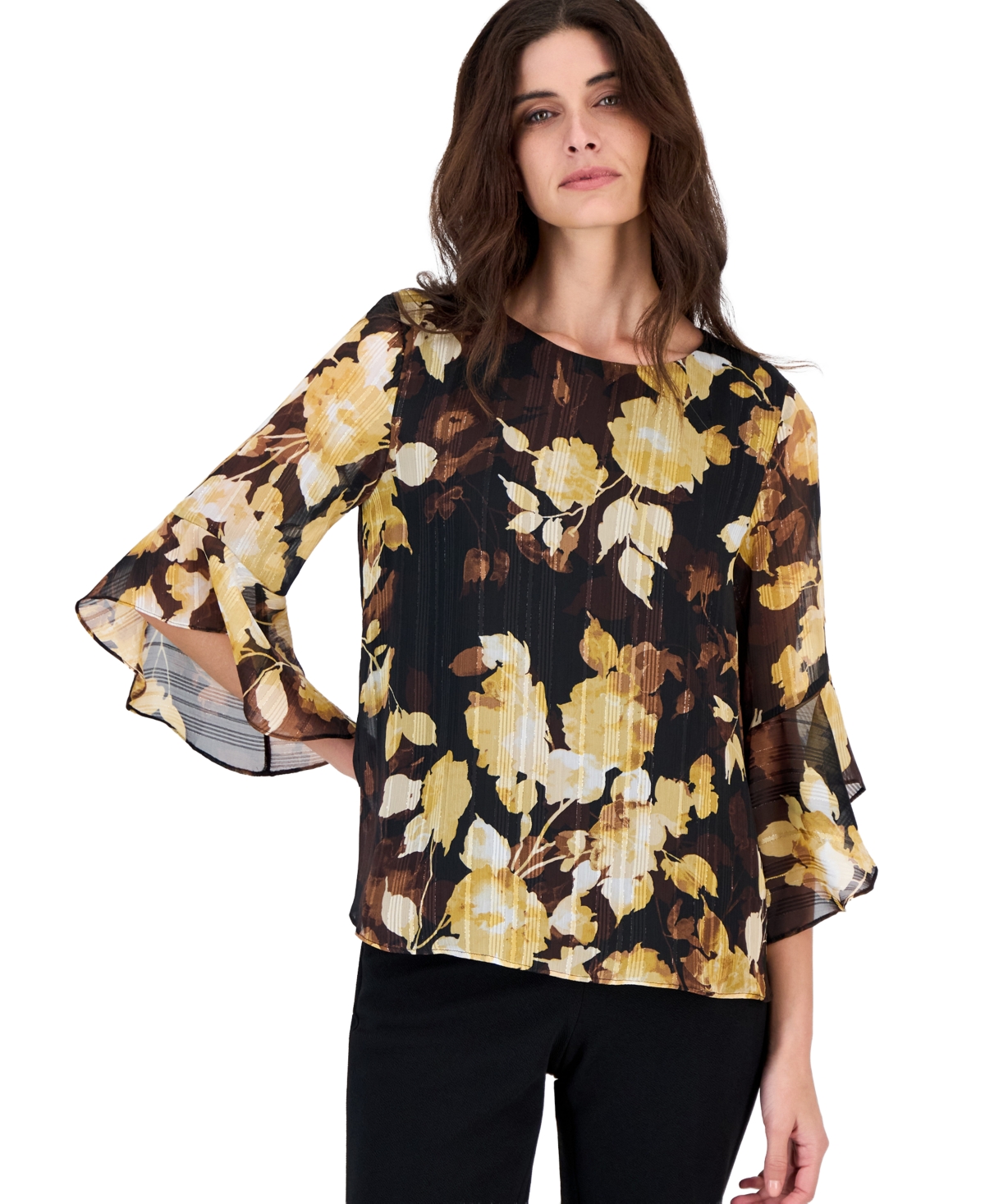 Kasper Women's Floral-Print 3/4-Length Ruffled Sleeve Chiffon Blouse - Black Multi