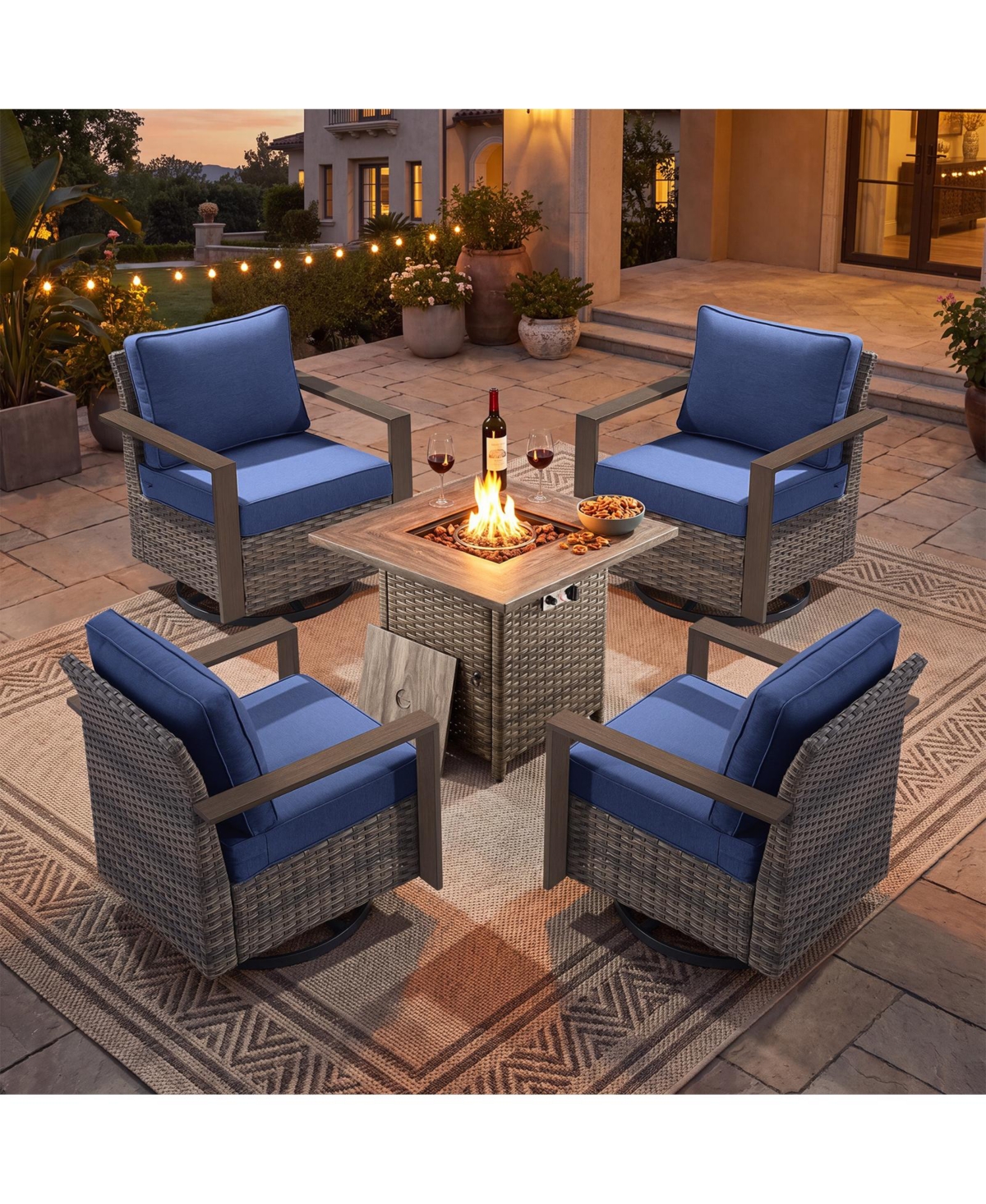 Pocassy 5 Piece Patio Furniture Set with Fire Pit Table, Outdoor Swivel Rocker Chairs Square