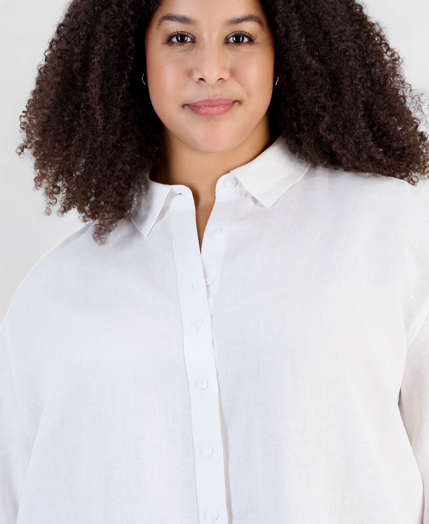 Plus Size Linen Roll-Tab Sleeve Button-Front Tunic