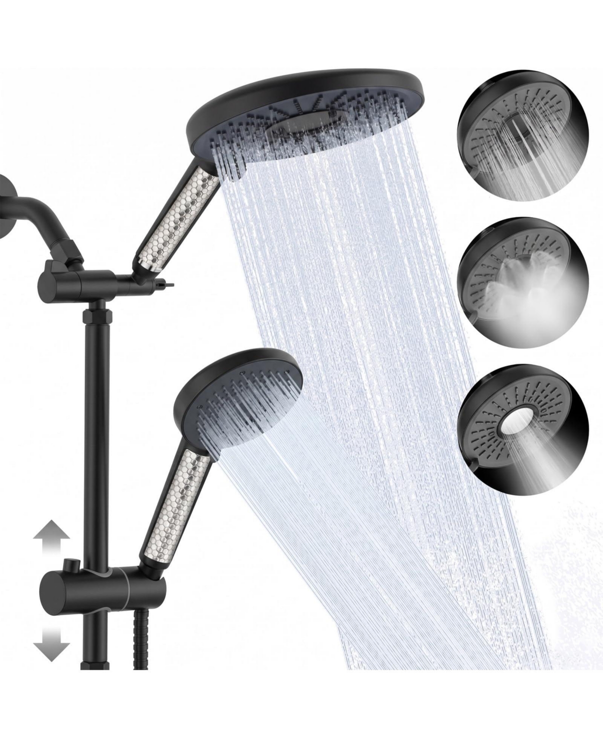 Cyqbd Filtered Shower Head Handheld Rainfall System Slide Bar Dual Filter Softener 6 Spray Modes Adjustable Height - Black