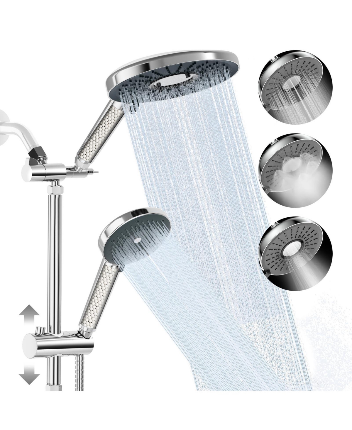 Cyqbd Filtered Shower Head Handheld Rainfall System Slide Bar Dual Filter Softener 6 Spray Modes Adjustable Height - Chrome