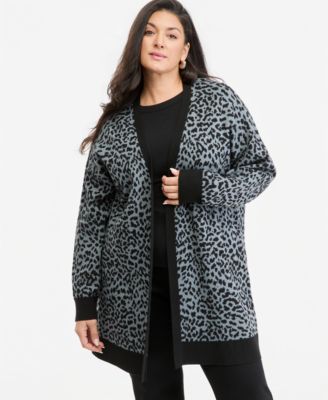 Plus Size Jacq Completer Leopard-Print Open-Front Long-Sleeve Cardigan
