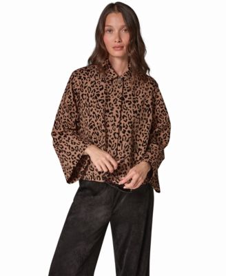 Women's Flocked Canvas Leopard-Print Bell-Sleeve Trapeze Jacket
