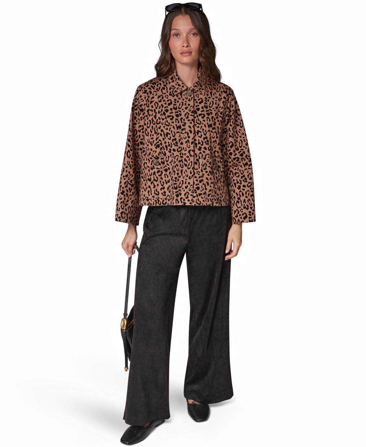 Donna Karan Weekend Women's Flocked Canvas Leopard-Print Bell-Sleeve Trapeze Jacket