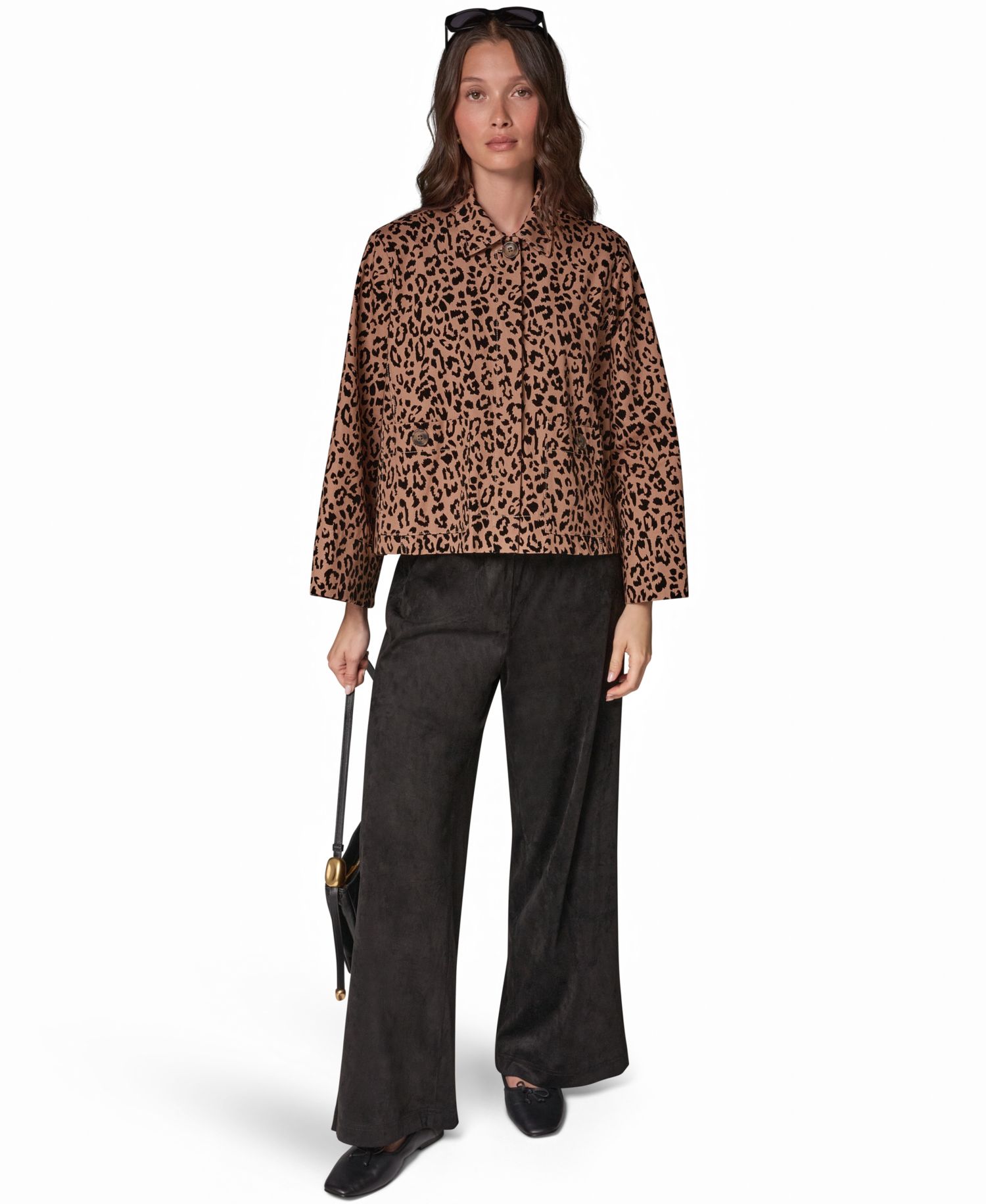 Women's Flocked Canvas Leopard-Print Bell-Sleeve Trapeze Jacket