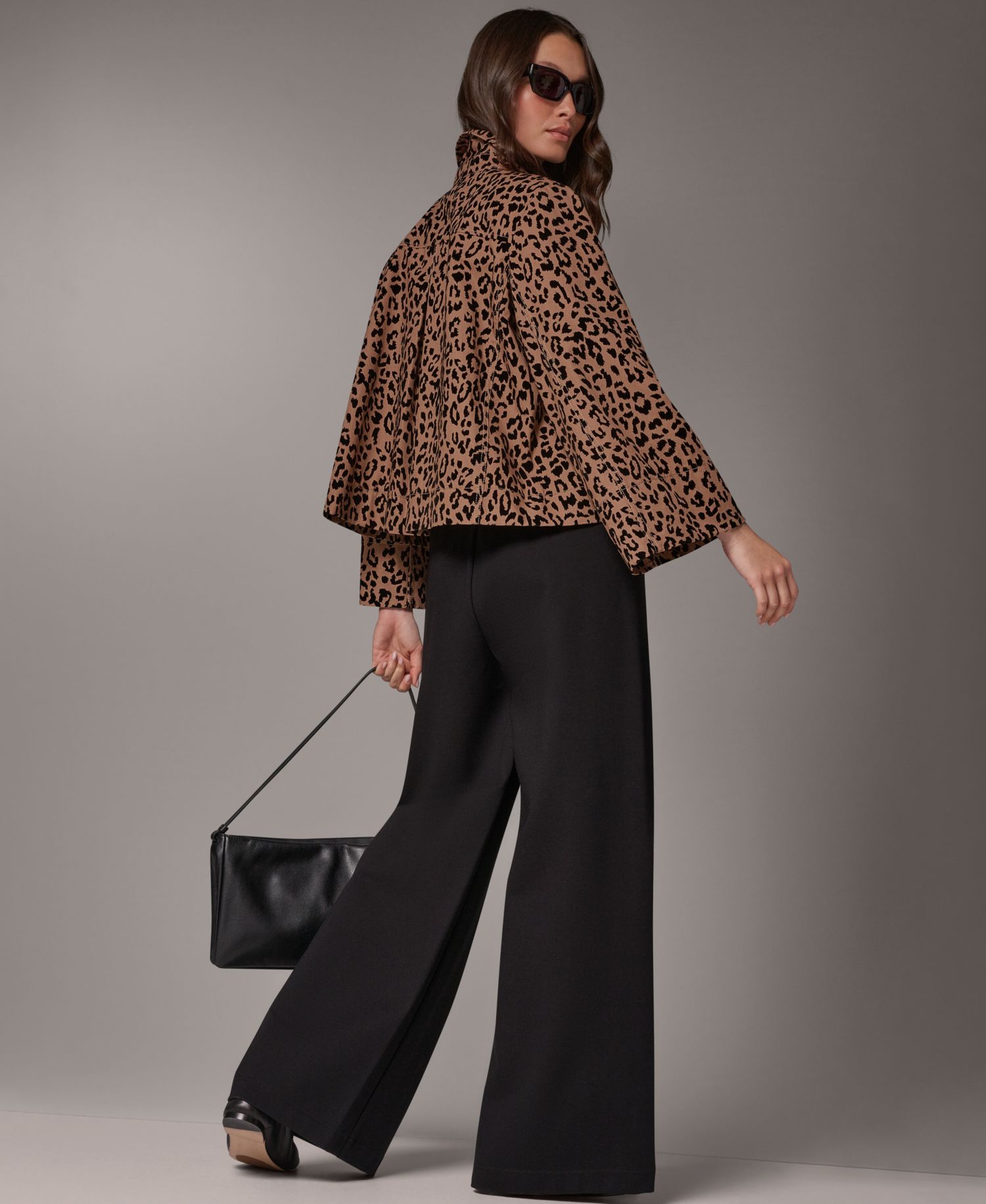 Women's Flocked Canvas Leopard-Print Bell-Sleeve Trapeze Jacket