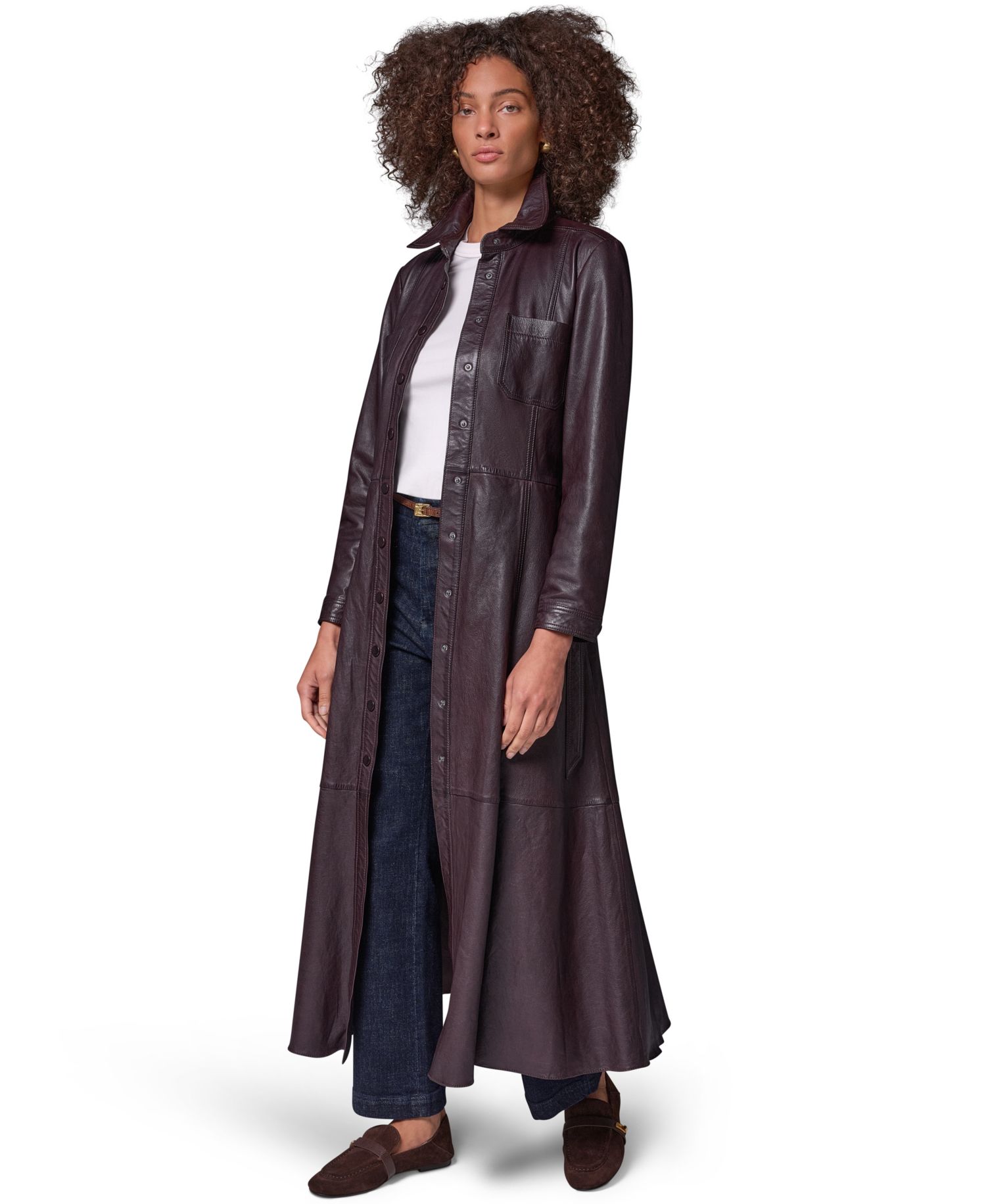 Women's Long-Sleeve A-Line Collared Leather Shirt Dress
