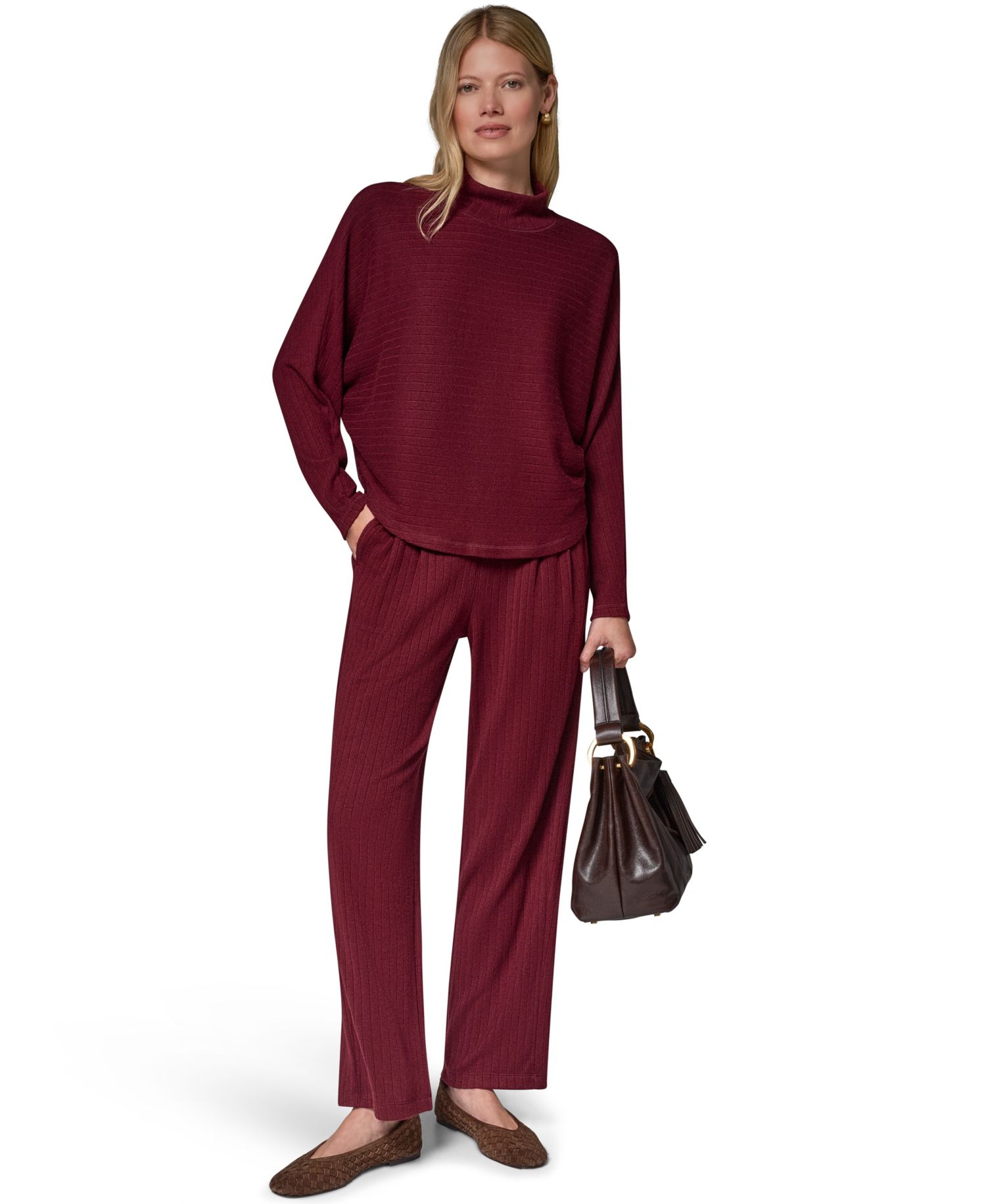 Women's Brushed-Rib Dolman-Sleeve Mock Neck Pullover Top