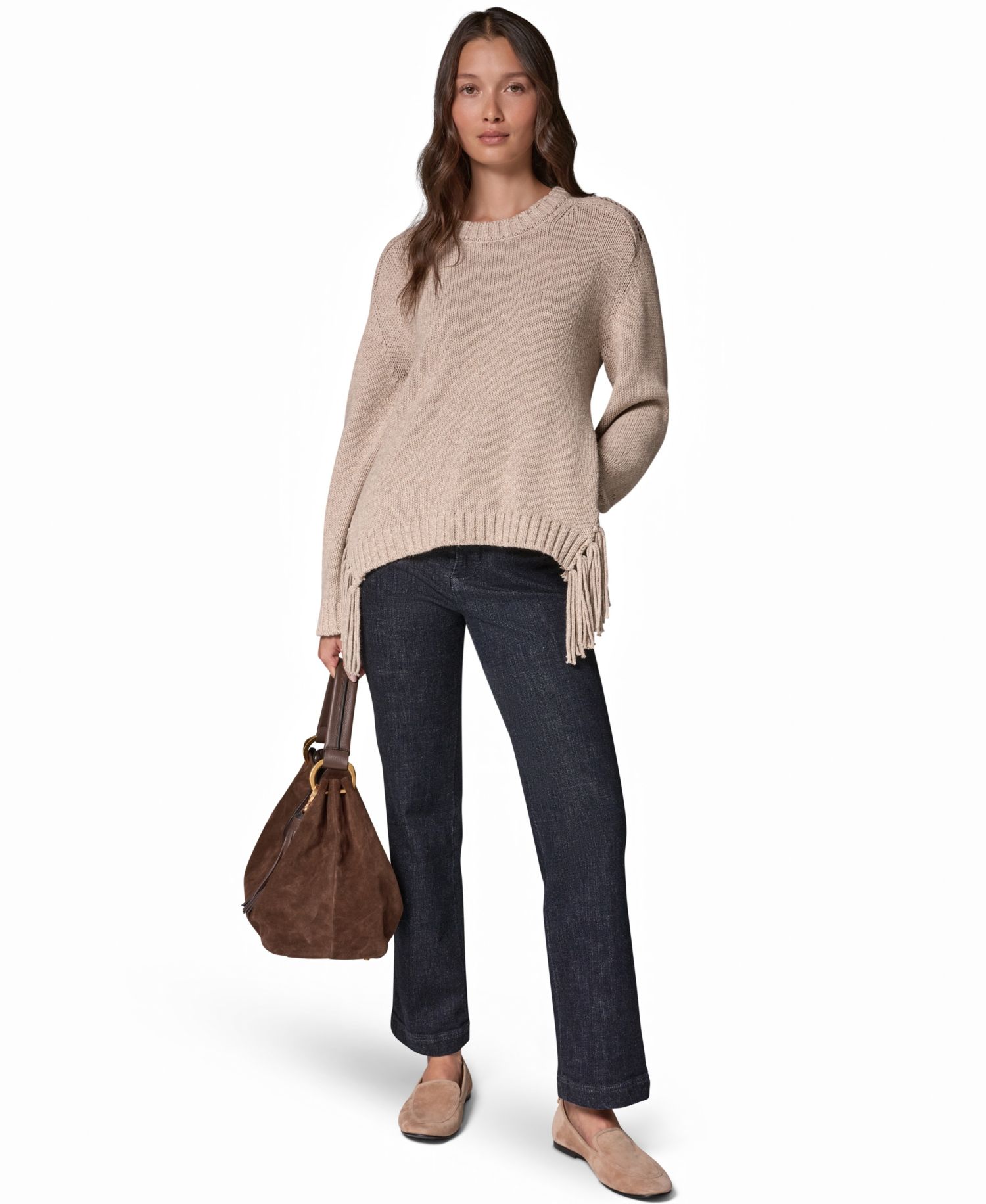 Women's Crewneck Long-Sleeve Fringe Sweater