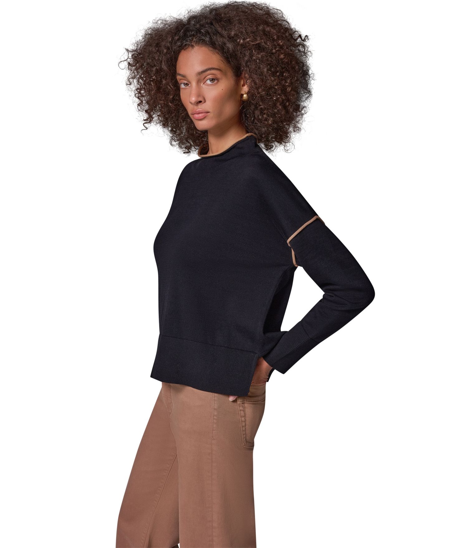 Женский хлопковый свитер Donna Karan Weekend оверсайз с воротником-стойкой, цвет: Чёрный / Верблюжий — фото 3