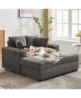 60" Oversized Corduroy Chaise Lounge Indoor, Sleeper Sofa with Charging Station, Cup Holders and Pillows for Living Room Apartment